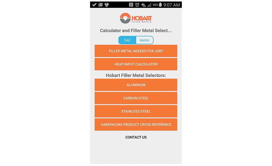 Hobart filler metal selector and calculator mobile app