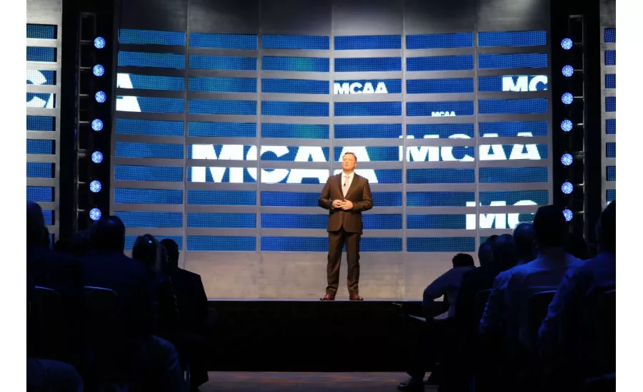 Tom Stone, outgoing MCAA president, greets MCAA 2017 attendees during the event’s opening session March 6 in San Diego