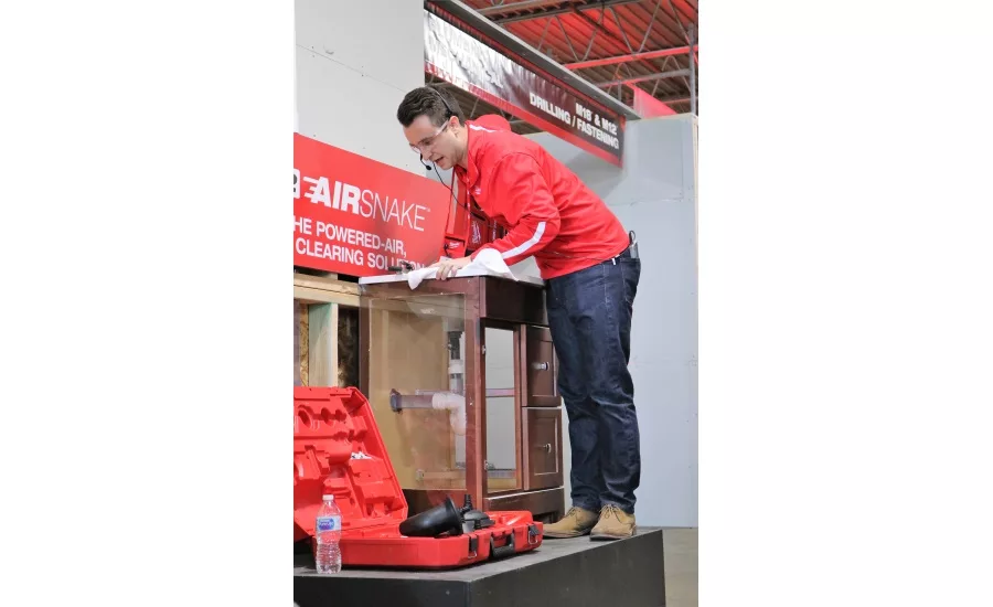 The M-12 Air Snake clears drain lines by sending a pulse of pressurized air through the system