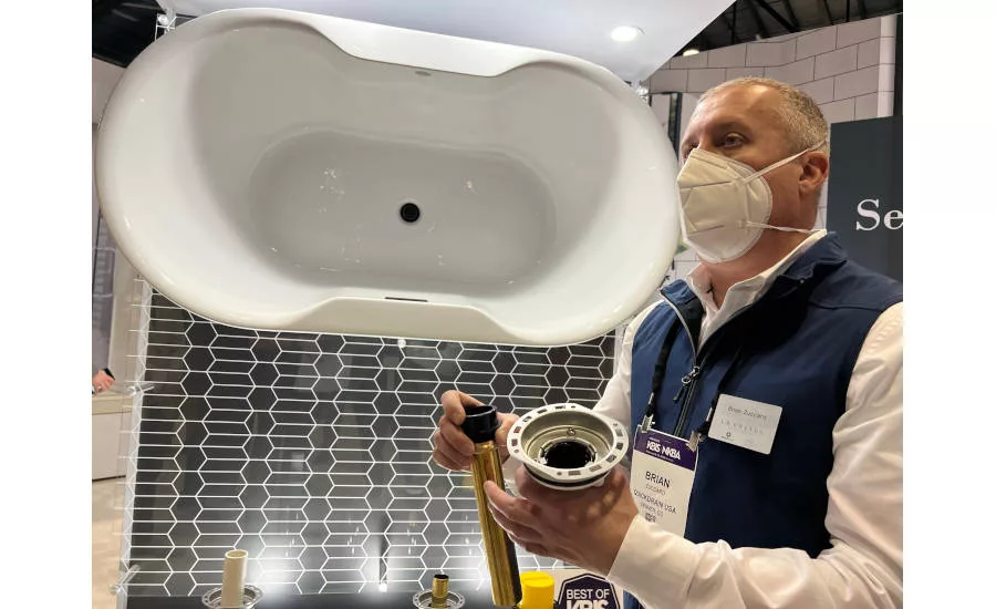 Brian Zuccaro with QuickDrain USA, discusses L.R. Brands’ freestanding tub drain during KBIS 2022.