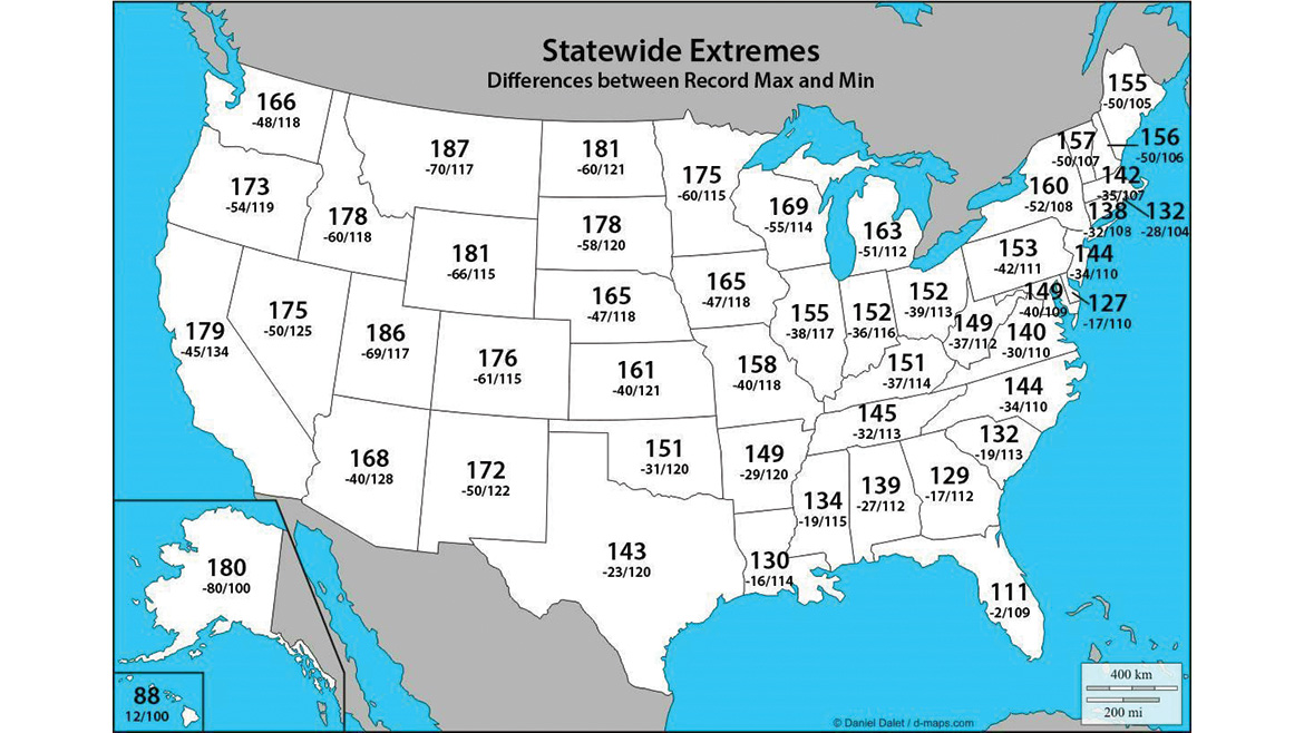 Figure 1: Map of statewide extremes. Differences between Record Max and Min