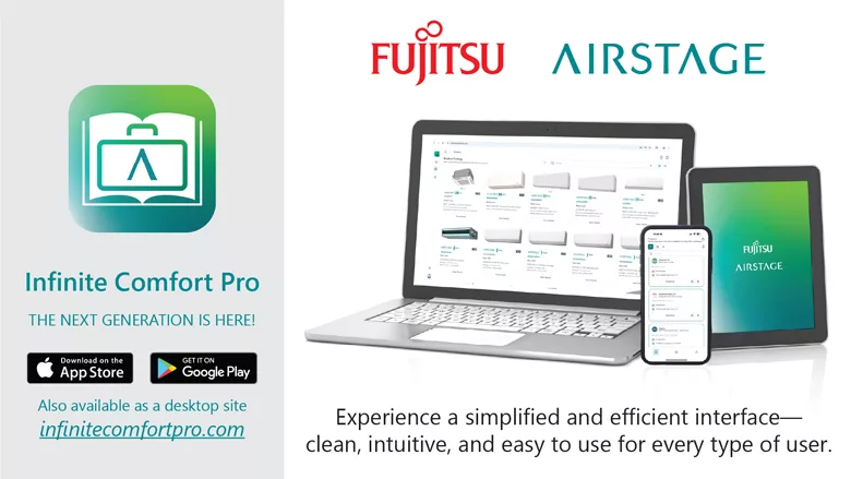 A graphic featuring several smart devices displaying the new Infinite Comfort Pro App
