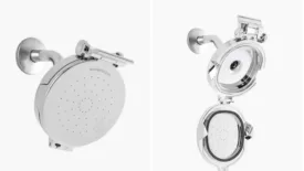 The new showerhead from ShowerClear being shown flipped open. 