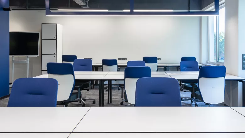 A conference room in an office building. 