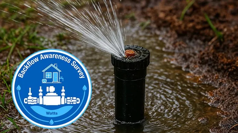 A backflow preventer, with a logo for Watts' awareness survey. 
