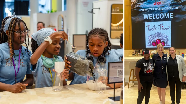 (Left) Three girls work on DIY water filter assembly. (Right) Judaline Cassidy, Amie Millano, and Katie Loeb.