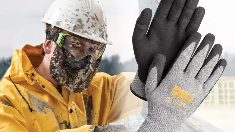 A construction worker wearing the SmartCut BKCR4420 face protection and gloves.