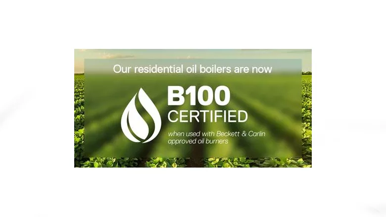 An infographic with a picture of a field, stating that Weil-McLain's boilers are now B100 certified. 