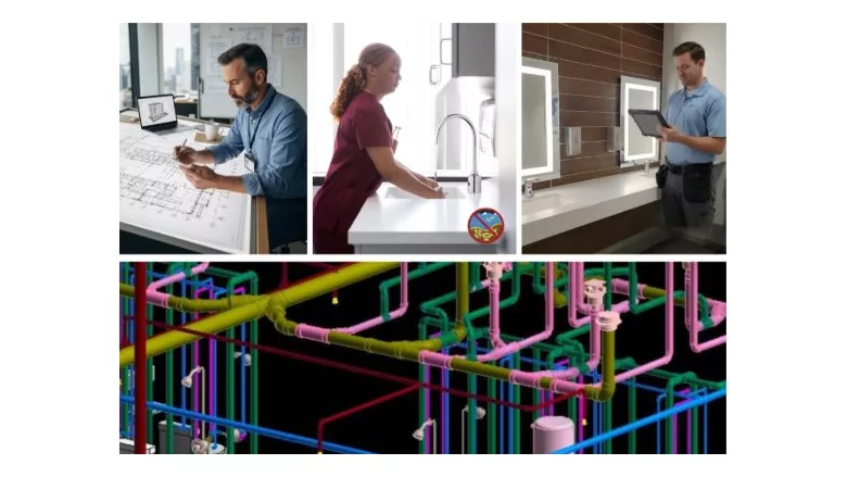 An architect, a nurse washing her hands and a person on a tablet checking a restroom above a picture of pipes. 