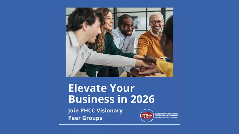 An infographic that states, "Elevate your business. Join PHCC Visionary Peer Groups." 
