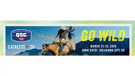 A man riding a horse with, "Go wild," beside it, as well as the QSC and Catalyst 2026 logos. 