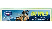A man riding a horse with, "Go wild," beside it, as well as the QSC and Catalyst 2026 logos. 
