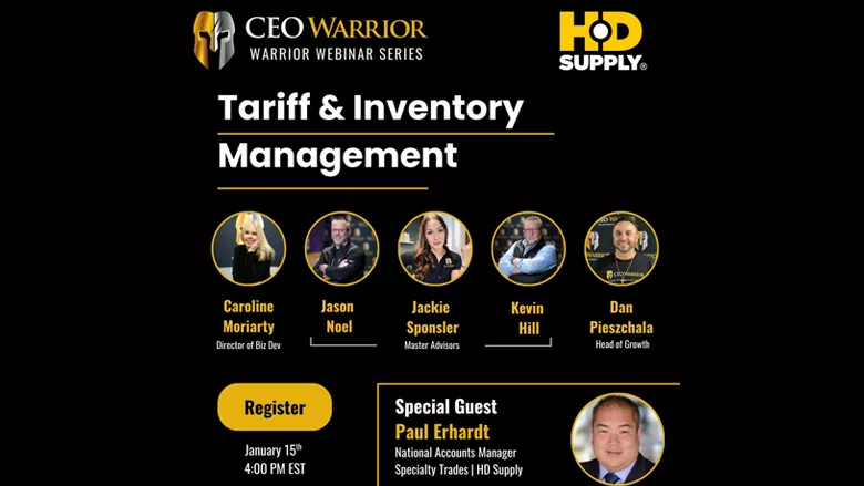 An infographic showing the hosts of the "Tariff & Inventory Management" webinar.