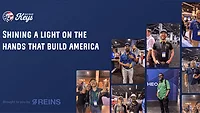 Reins brings Blue Collar Keys media platform to industry trade shows A graphic that reads, "Shining a light on the hands that build America" and Reins' logo.