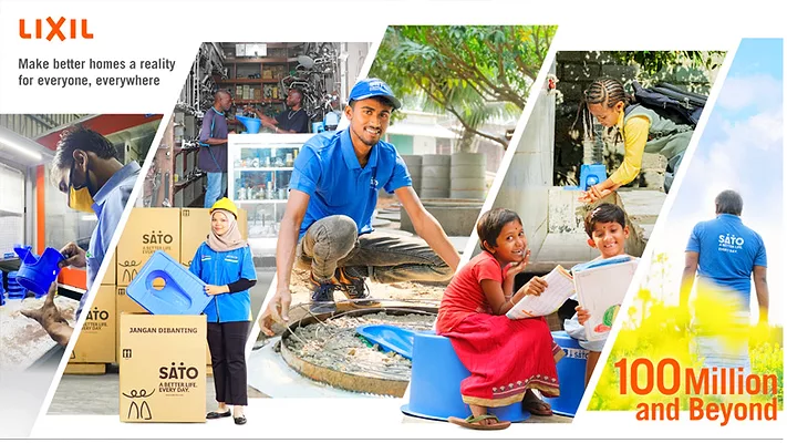 A graphic showing LIXIL's work with "100 million and beyond" written in the corner. 