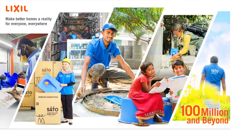 A graphic showing LIXIL's work with "100 million and beyond" written in the corner.