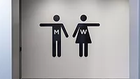 Two signs pointing to restrooms.