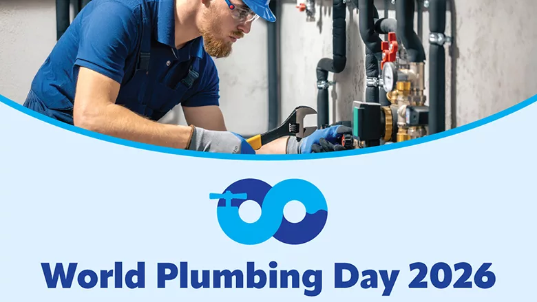 A plumber, and the logo for World Plumbing Day. 