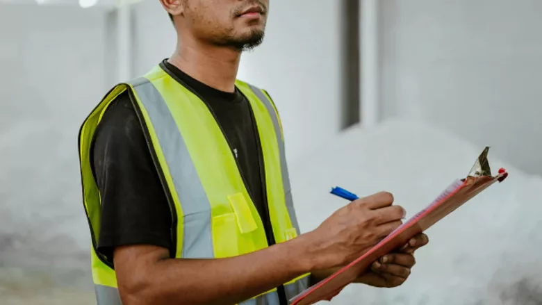 A construction worker writing on a clipboard