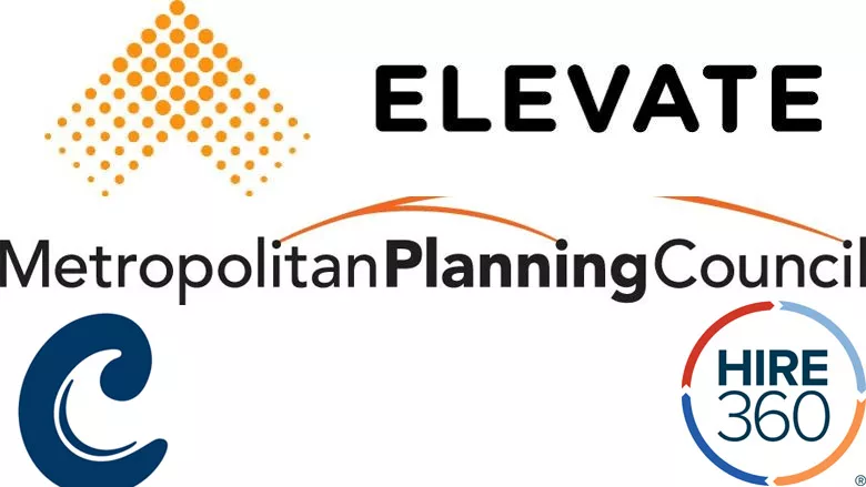The logos for Current, Elevate, HIRE360, and Metropolitan Planning Council. 