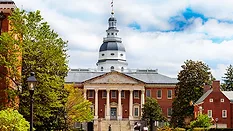 Maryland State House capitol building view from Bladen street at string, Annapolis MA, USA