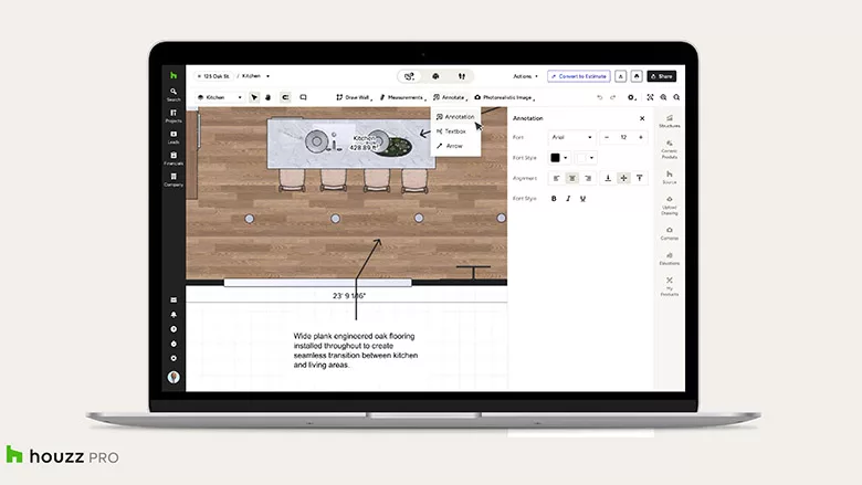 Houzz Pro's 3D plan annotations feature. 