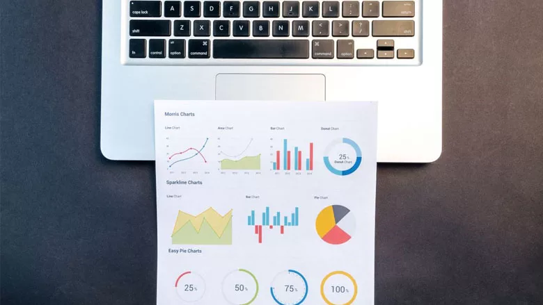 A laptop and several colorful charts. 