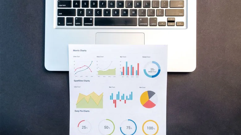 A laptop and several colorful charts.