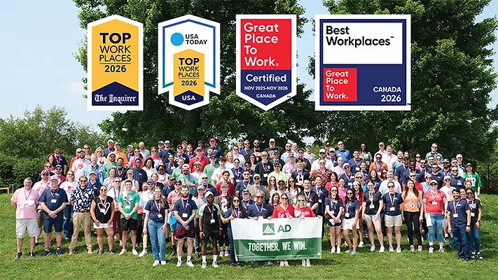 AD Recognized Across North America with Multiple Workplace Honors in 2026 The AD team pictured with the logos for several workplace awards.
