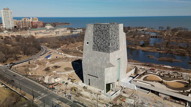 An aerial view of the Obama Presidential Center.