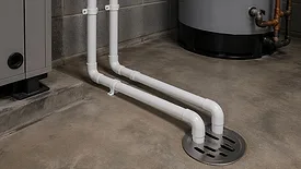 A mechanical room showing the condensate drain piping from HVAC equipment connected to a floor drain.