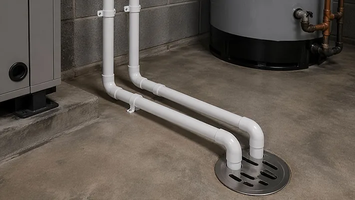 IAPMO to Host Condensate Neutralization Training: Codes, Risks, and Requirements A mechanical room showing the condensate drain piping from HVAC equipment connected to a floor drain.