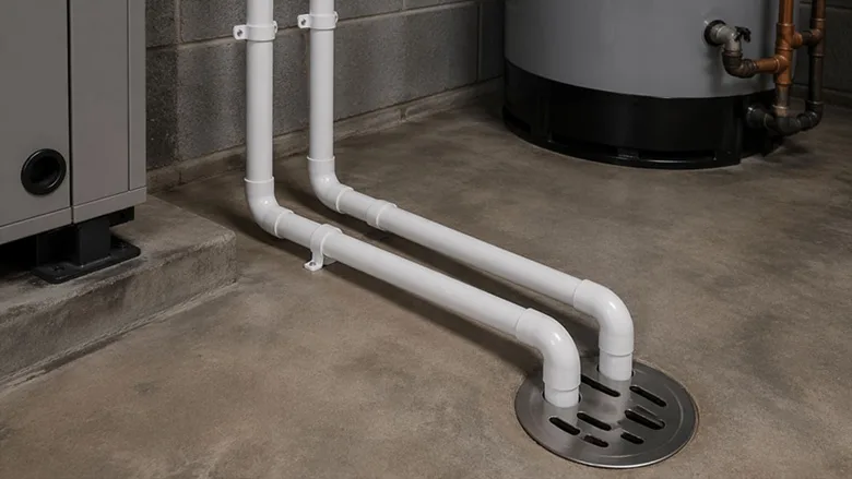 A mechanical room showing the condensate drain piping from HVAC equipment connected to a floor drain.
