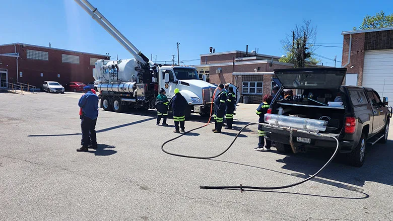 A sewer line cleaning demonstration.
