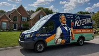 My Professional Plumber's truck in front of a house.