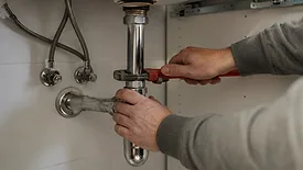 A plumber working under a sink.