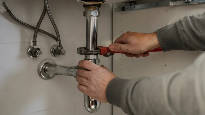 A plumber working under a sink.