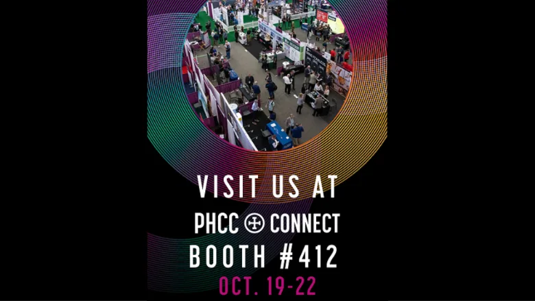 A photo of a expo hall and text that states, "Visit us at PHCC Connect Booth #412 Oct. 19-22."