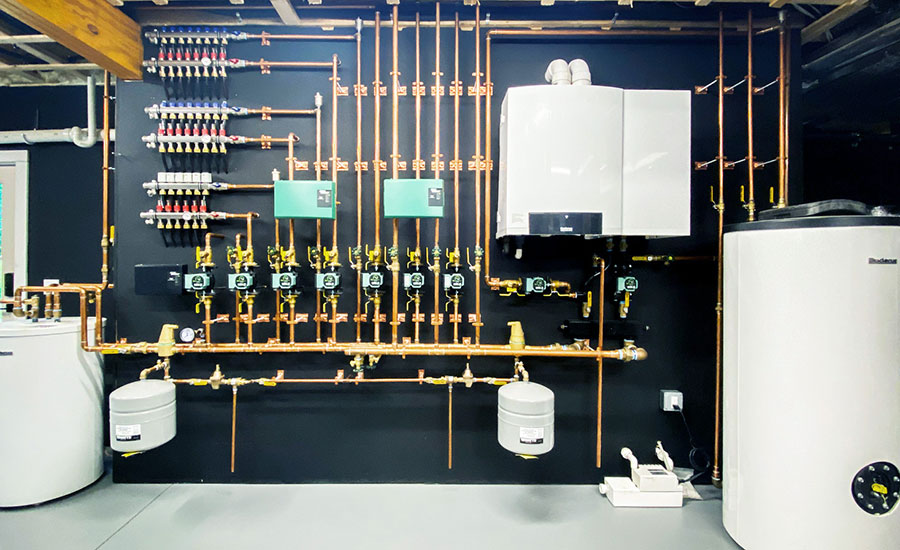 Viega ManaBloc, valves, distribution manifolds, a hydronic mixing block and hot-and-cold PureFlow PEX tubing