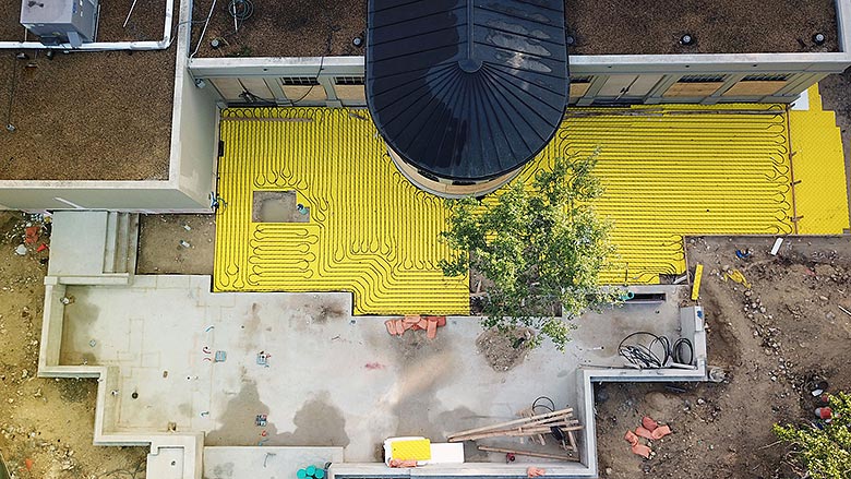 An aerial shot of a radiant installation in a restaurant in San Antonio, Texas.