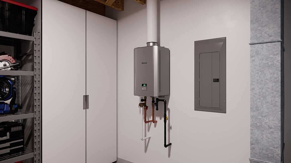 RE-Series tankless water heater installed on wall.