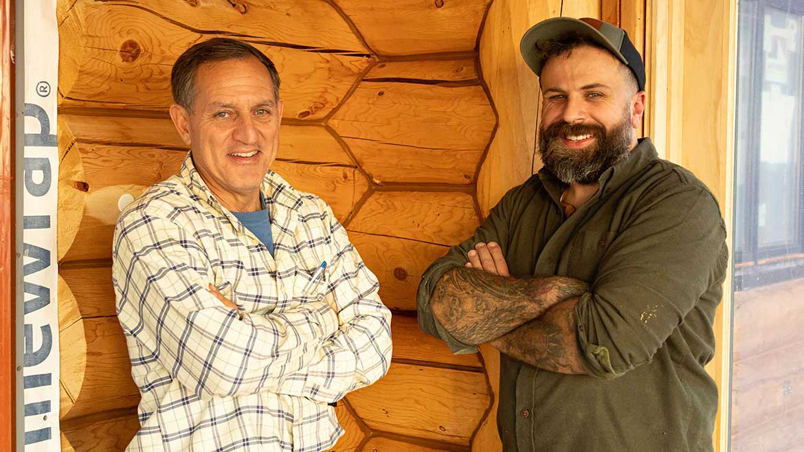 Mike Guglielmo (left), owner of Fineline Plumbing, with his apprentice, Cody DeTorres (right) on a radiant heating job for a log cabin.