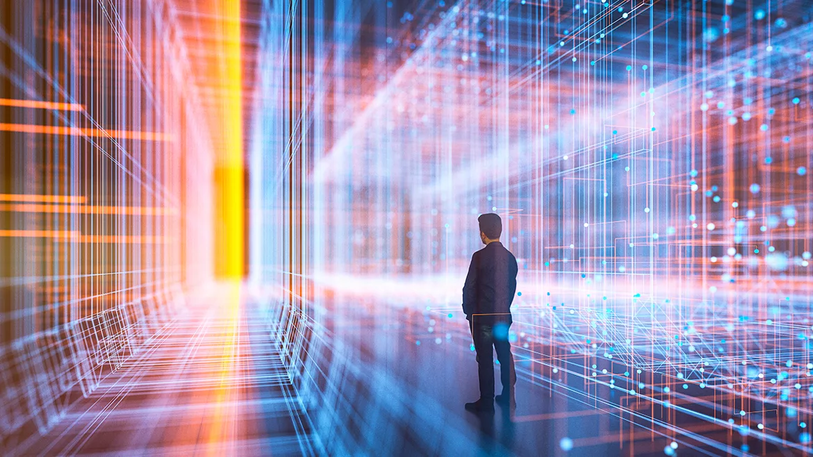 PM Feb 2024 Kenny Chapman column. Businessman standing in virtual reality display.