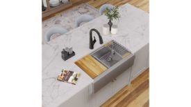 KBIS Product Preview: Elkay Workstation Sink on a marble countertop