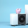 3d render of a small and large fictitious air source heat pump with a piggy bank on top.