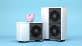 3d render of a small and large fictitious air source heat pump with a piggy bank on top.
