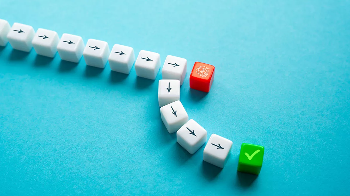 April 2024 Scott Secor column feature image of line of white arrow dice going in one direction, a red dice, white arrow dice in the down direction to green check dice.