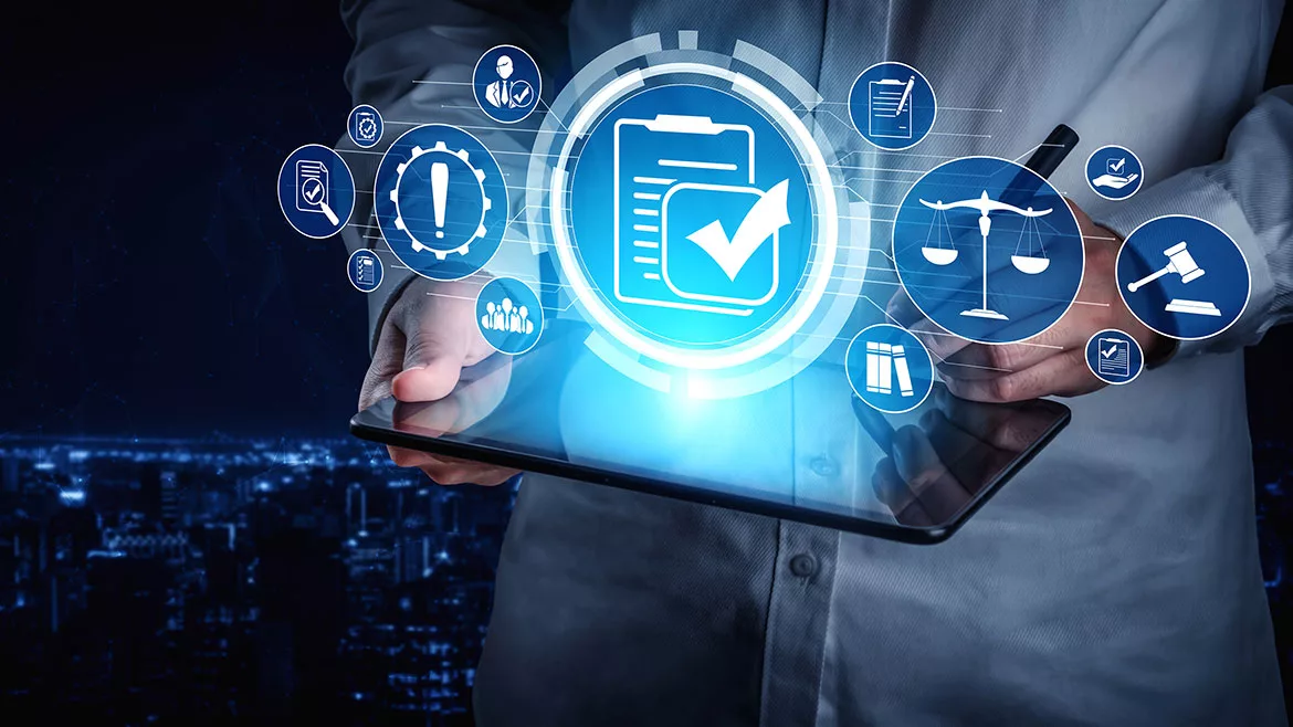 Compliance rule law and regulation graphic interface for business quality policy.
