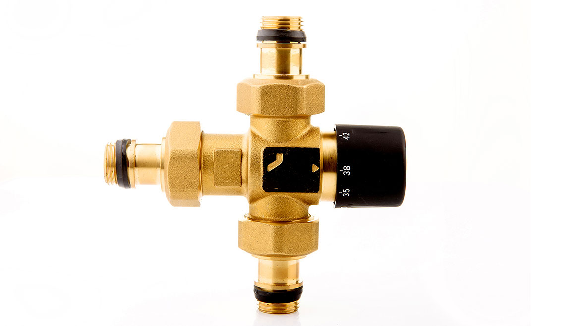 Brass thermostatic mixing valve.