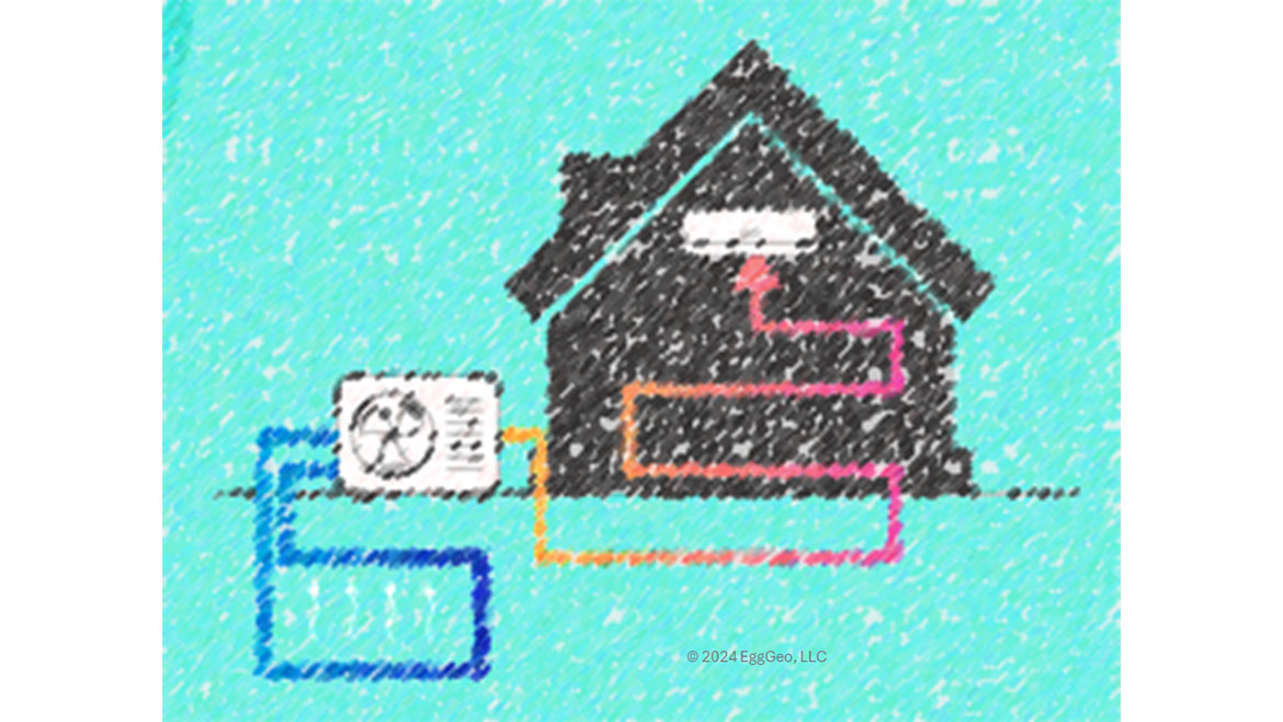 Crayon illustration of HVAC plan connected to a house.